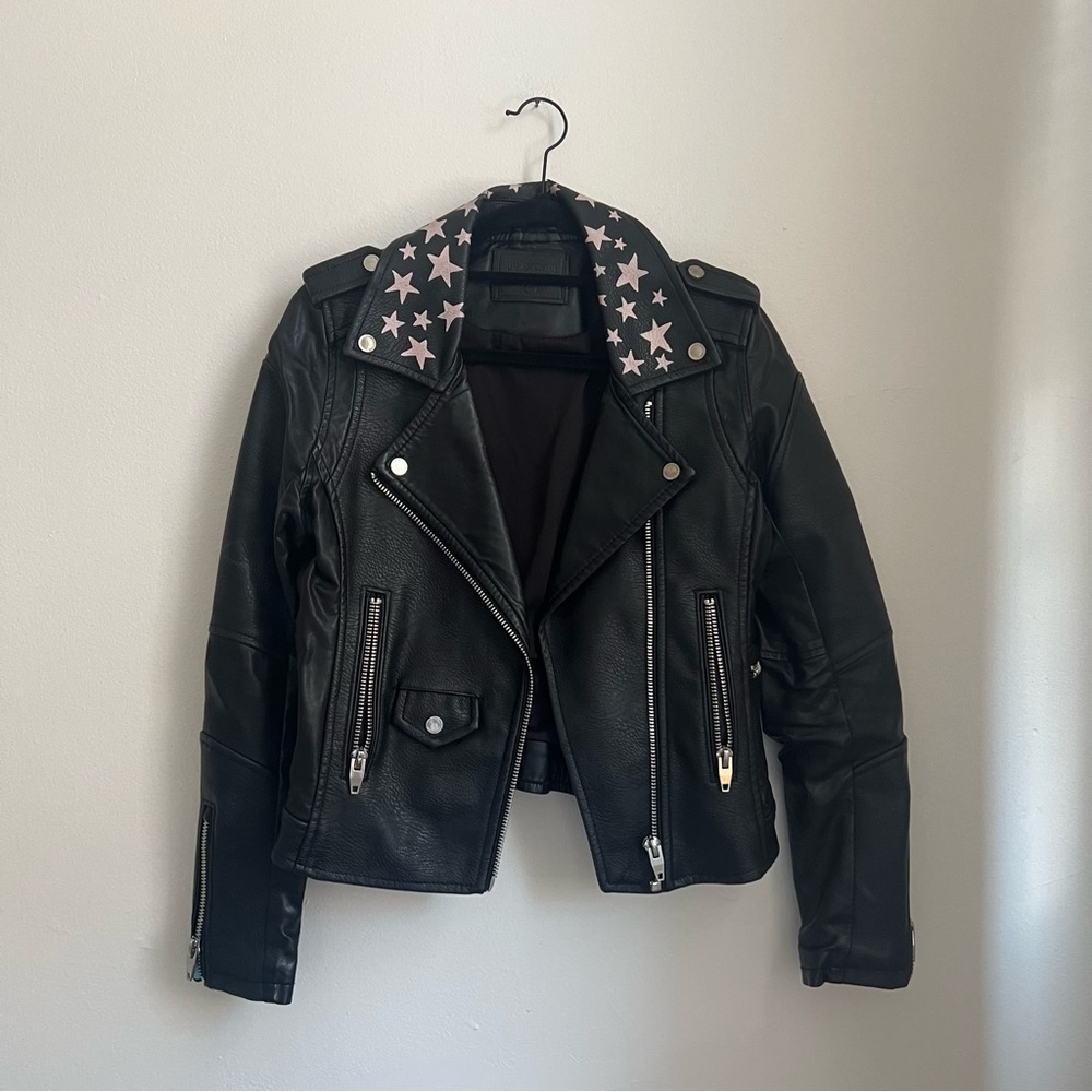 UNIQUE Blank NYC faux leather moto jacket, hand painted details, SIZE S